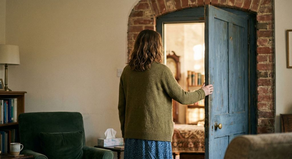 a woman opening the door to her past